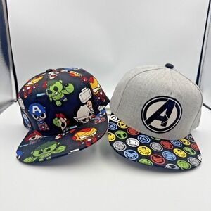 Lot Of 2 Marvel Hat Cap Logo Avengers Embroidered Snapback Flat Bill Characters